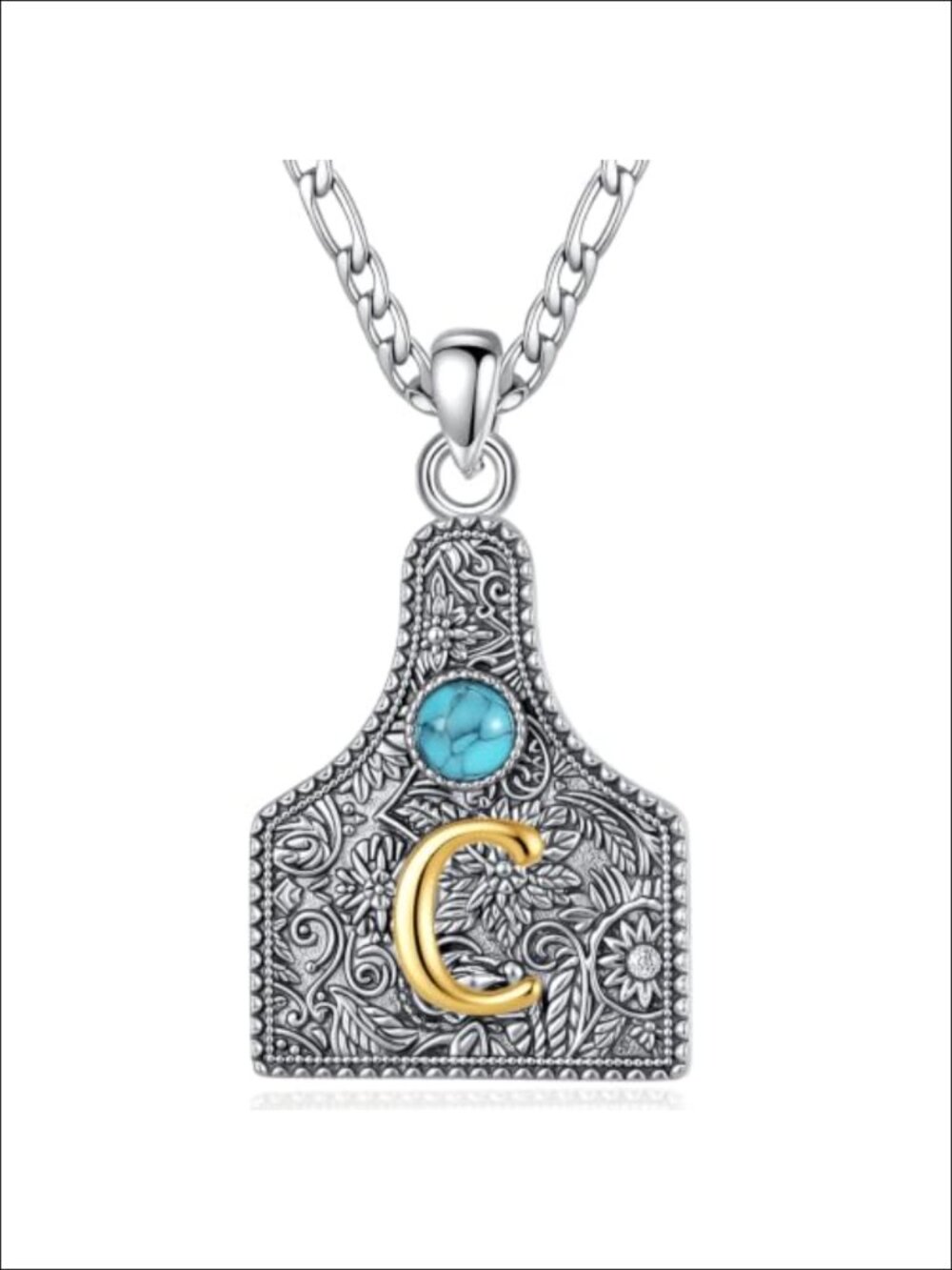 Western Cow Tag Initial Pendant Necklace 24in Chains Turquoise